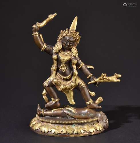 Protectress Ekajati. Rare Tibetan or Nepalese gilt Buddha sculpture.