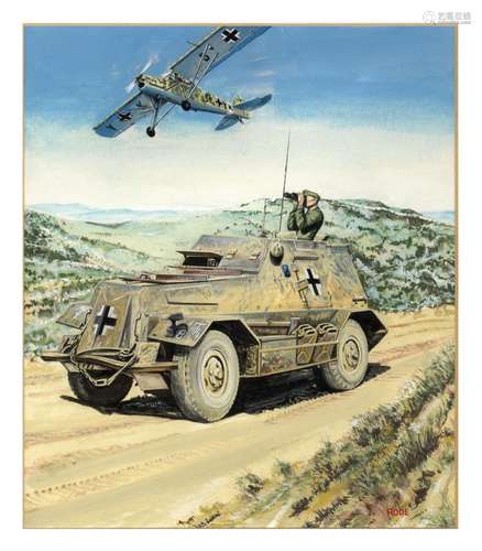 Spähpanzer und Fieseler Storch. Aquarell,