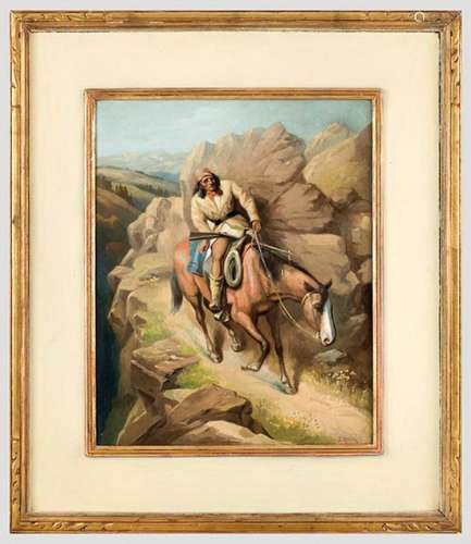 Apache warrior in the mountains. Oil painting on canvas