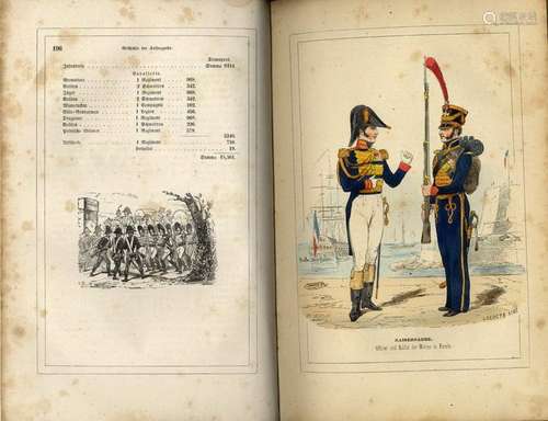 France. History of the Kaiser-Garde. Emil Marco of Saint-Hilaire. Leipzig 1848. With illustrations by Hippolyte Bellange, E. Lami, de Moraine u. Ch. Vernier. Marches and fanfares by Alexander Goria. XII, 536 p., Hldrb. d. Z. with back decoration, 4 °. With number. Woodcuts, engraved title page and frontispiece as well as 3 woodcut panels and 39 colored woodcut panels.