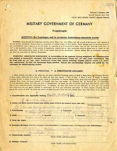 Fragebogen der alliierten Militärregierung von 1946