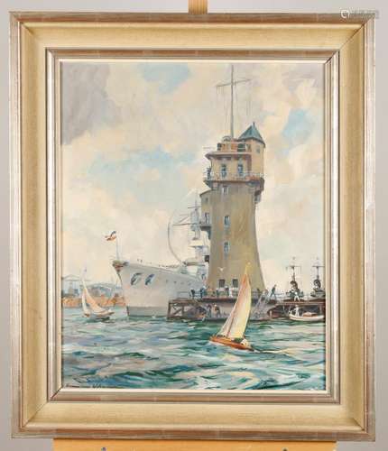 Light cruiser Karlsruhe in Kiel harbor. Painting by Herrmann Wehrmann