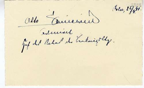 Autograph / Signature -Schniewind, Otto (1887-1964). Admiral, RK-Träger.