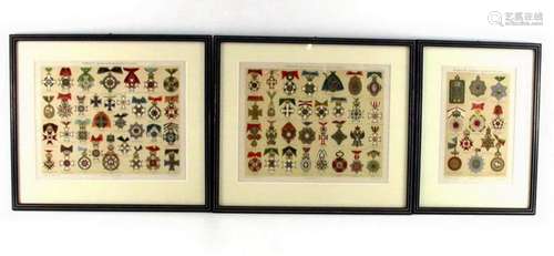 Medals. Three color lithographs with the most important medals of Germany, Europe and the world, around 1890