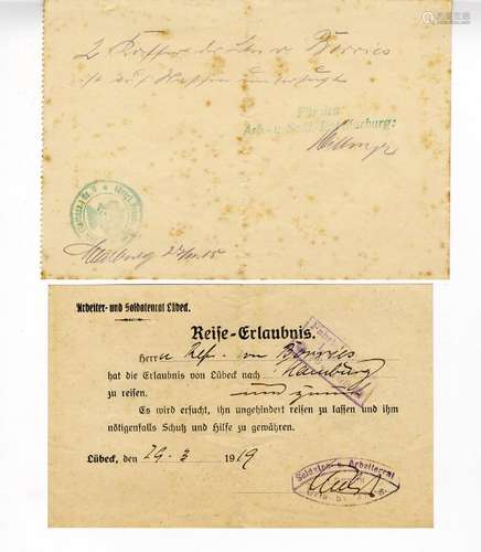 2 documents of the Workers 'and Soldiers' Councils Lübeck