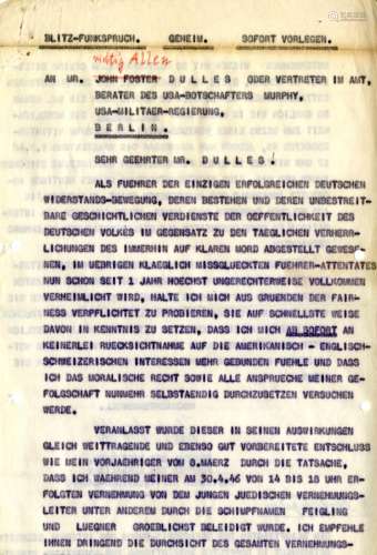 Letter from the former SS Obergruppenfuhrer and General of the Waffen-SS Karl Wolff (1900-1984) from May 4, 1946 from the Nuremberg Prison to Allen Dulles