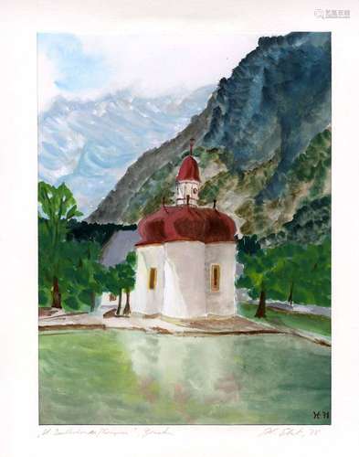 St. Bartholomae am Königsee. Gouache by Helmut Ebert