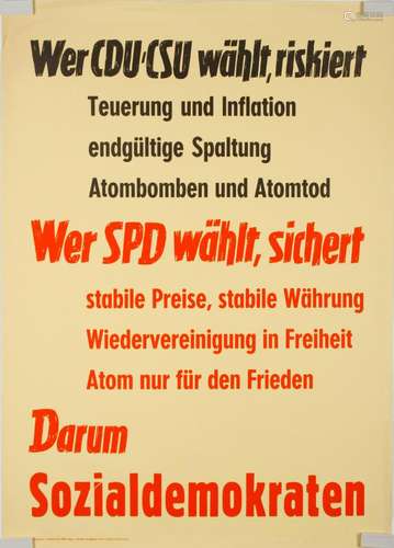 Poster / Placard - Wer CDU/CSU wählt, riskiert Teuerung und Inflation, endgültige Spaltung, Atombomben und Atomtod... -SPD-Plakat, um 1957, 60 x 80 cm.