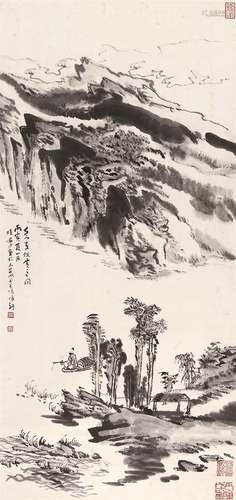 陆俨少（1909～1993） 荒江钓艇 立轴 水墨纸本