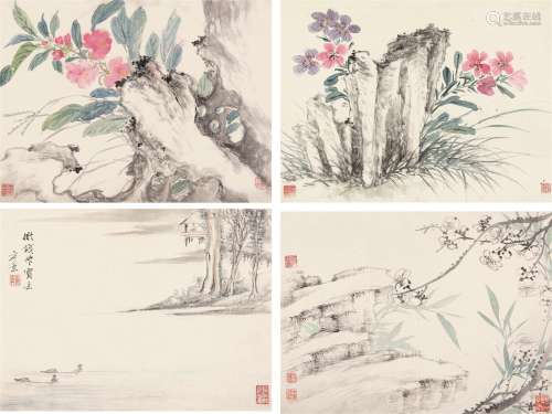 方薰（1736～1799） 花卉山水册 册页 （四开） 设色纸本