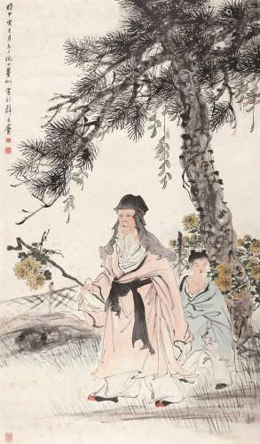 倪田（1855～1919） 渊明赏菊 立轴 设色纸本