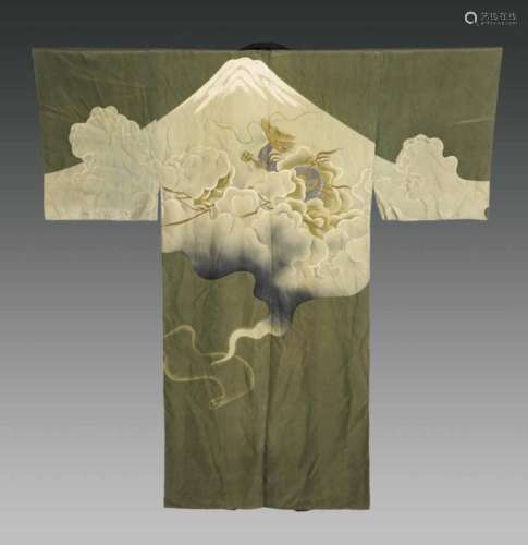 KIMONO EN SOIE IMPRIMEE A DECOR D'UN POEME ET D'UN DRAGON