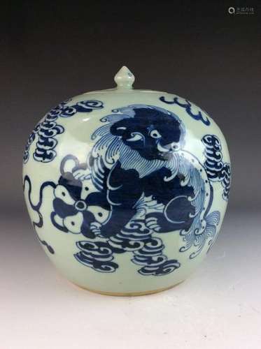 Chinese porcelain pot, blue & white on celedon glazed