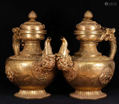 PAIR GILT BRONZE MOLDED BUDDHIST POTS