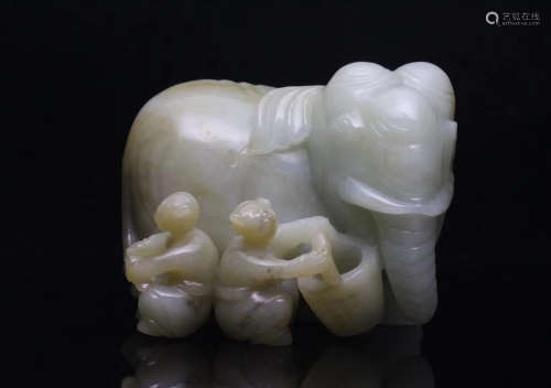 HETIAN JADE CHILDREN AND ELEPHANT ORNAMENT