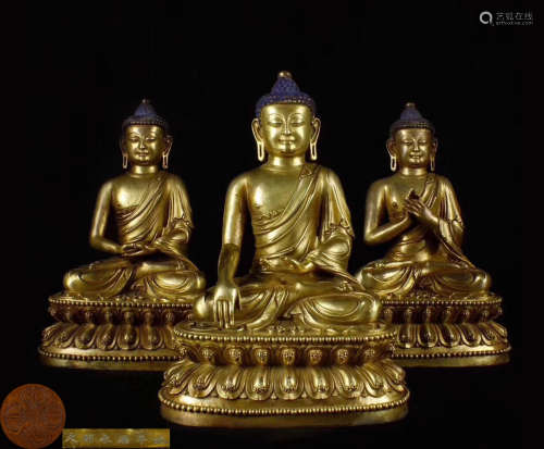 SET OF THREE GILT BRONZE BUDDHA STATUE WITH MARK