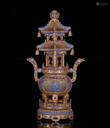 17-19TH CENTURY, A GILT SILVER BUDDHA DESIGN TOWER, QING DYNASTY