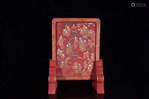 20TH CENTURY, A CINNABAR FIGURE DESIGN TABLE SCREEN, THE REPUBLIC OF CHINA