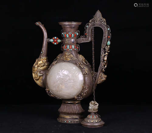 17-19TH CENTURY, A SILVER DRAGON PATTERN FLAGON, QING DYNASTY