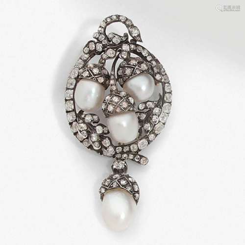ANNÉES 1860 BROCHE DIAMANTS ET PERLES FINES A natural pearl, diamond, silver and gold brooch, circa 1860.