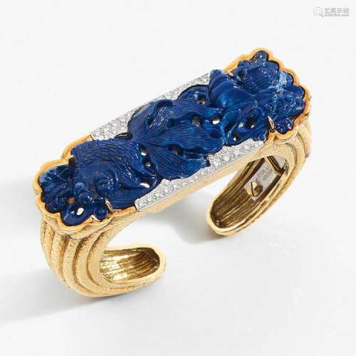 DAVID WEBB MAGNIFIQUE BRACELET LAPIS-LAZULI A lapis lazuli, diamond, platinum and gold bracelet by David Webb.