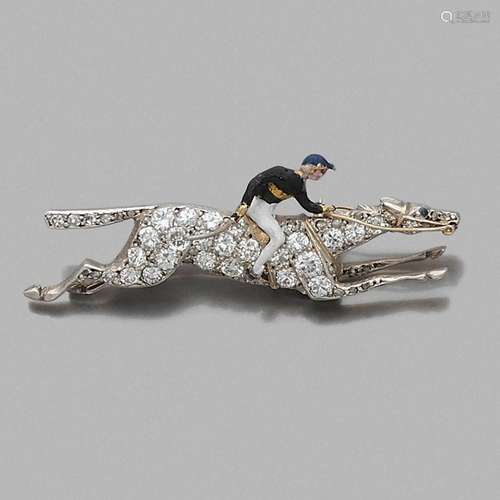 BROCHE CHEVAL de course ET JOCKEY A diamond, enamel, silver and gold brooch.