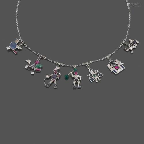 ANNÉES 1930 MAGNIFIQUE COLLIER CHARMS A diamond, sapphire, emerald, ruby, platinum and gold necklace with charms, circa 1930.