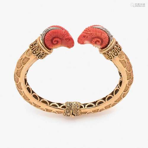 BRACELET BÉLIERS CORAIL A coral, diamond and gold bangle.