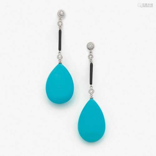 PAIRE DE PENDANTS D’OREILLES TURQUOISEs A turquoise, diamond, enamel and gold pair of ear pendants.