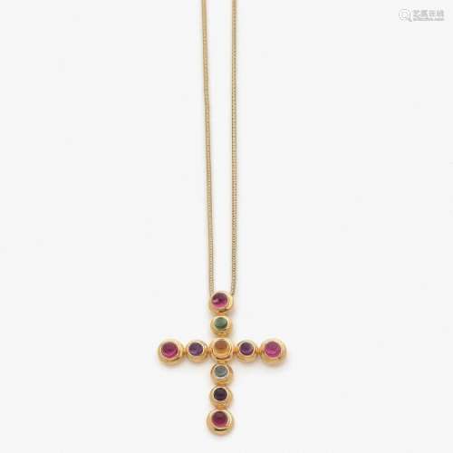PALOMA PICASSO - TIFFANY & C° CROIX PIERRES FINES A multigem and gold pendant and chain by PALOMA PICASSO - TIFFANY & C°.
