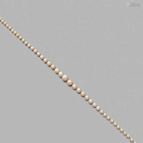 COLLIER PERLES FINES A natural pearl, diamond and platinum necklace.
