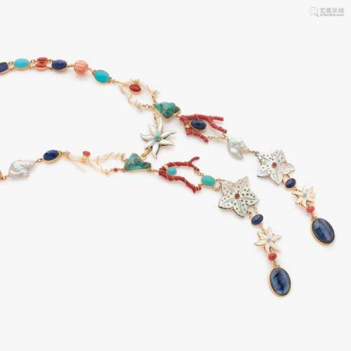 PERCOSSI PAPI SAUTOIR à DÉCOR FLORAL A mother of shell, coral, turquoise, lapis lazuli, cultured pearl and gilded silver long necklace
