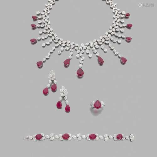 IMPORTANTE PARURE DIAMANTS A diamond, composite ruby and gold set.