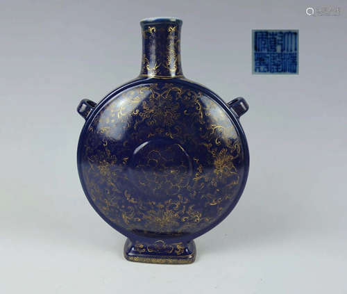 Chinese Dark Blue Glaze Porcelain Moon Flask Vase