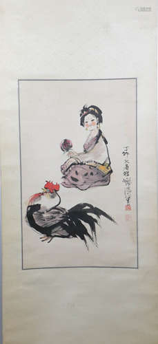 Chinese Painting of Lady and Rooster