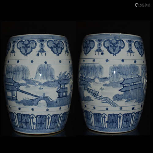 Pair Of Blue And White Porcelain Stool
