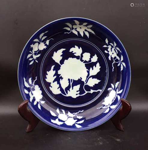 Chinese Dark Blue Glaze Porcelain Charger