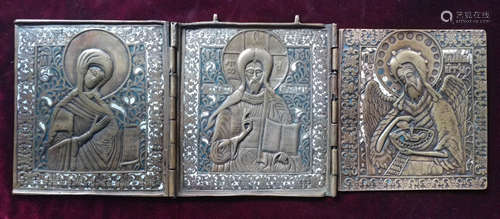 Antique Bronze Color Enamel Russian Tryptic.