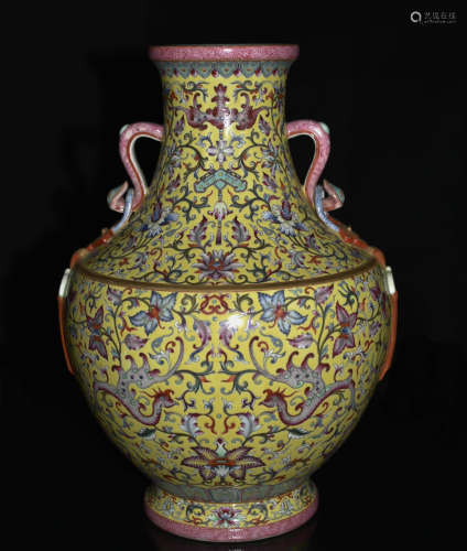 Chinese Yellow Underglaze Famille Rose Vase