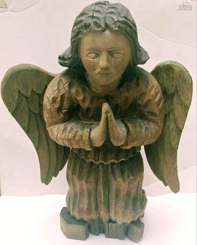 19c Wood Hand Carved Guardian Angel.