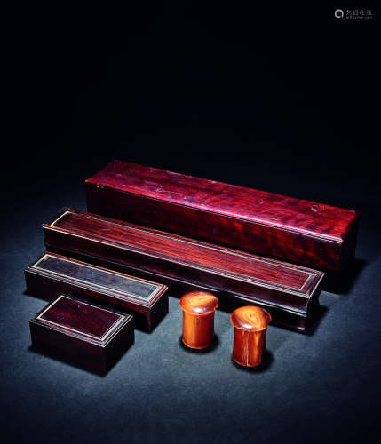 各式红木手卷盒、红木扇盒、印章盒、牛角画轴 （五件）