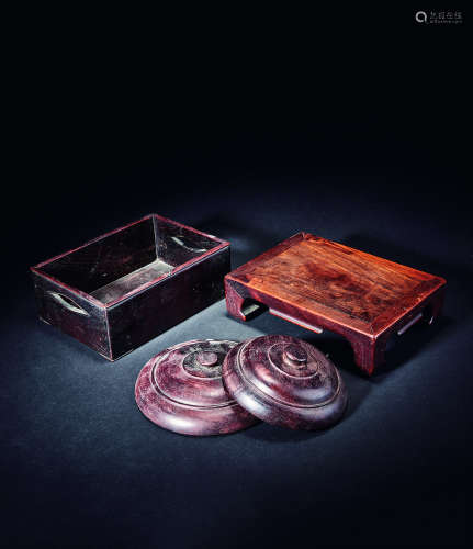 清 红木方盒、红木四足座、红木盖 （四件）