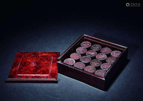 近代 紫檀象棋连瘿木盒