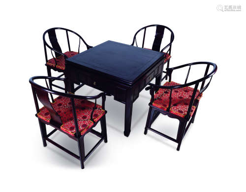 红木四方麻将桌连椅、附麻将 （五件套）