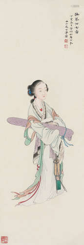 溥儒（1896～1963） 抚琴仕女图 立轴 设色纸本