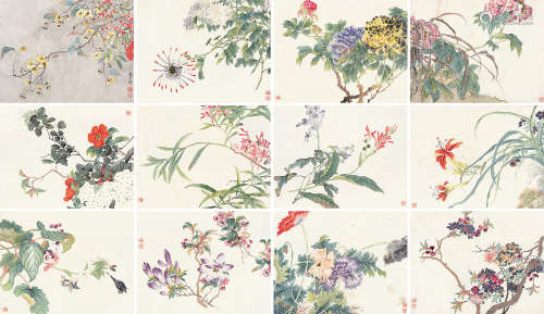 汤世澍（1831～1903） 花卉册 镜片 设色纸本