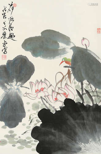 萧平（b.1942） 1998年作 荷池清趣 立轴 设色纸本