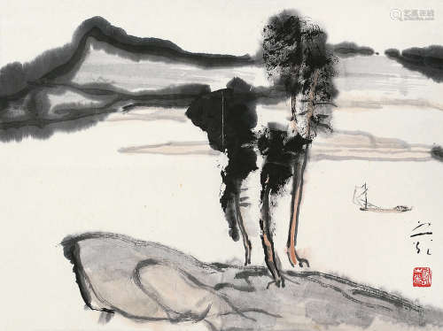 谢之光（1900—1976） 江帆远渚 立轴 设色纸本