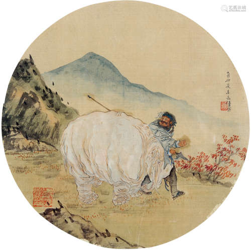 任薰（1835～1893） 1885年作 驯象图 团扇（镜框） 设色绢本