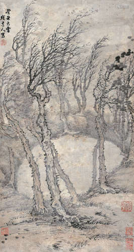 石溪（1612～1692） 1673年作 寒林古木 立轴 设色纸本